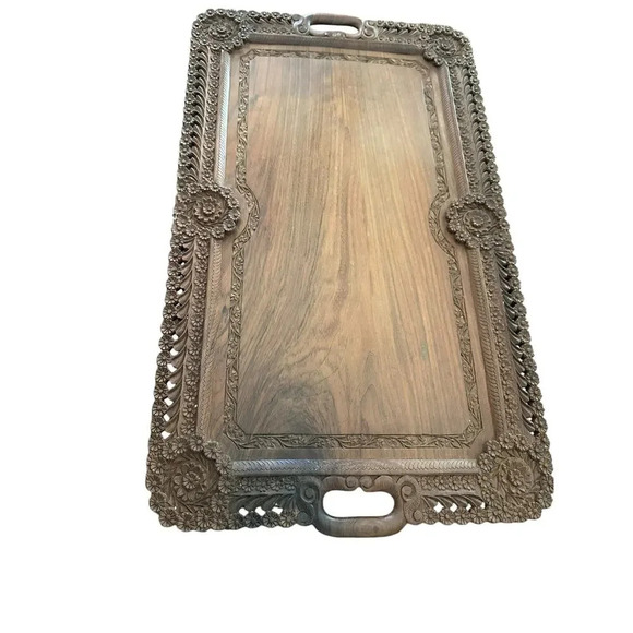 Vintage Indian Hand Carved Wooden Serving Tray or Tea Tray Ornate Design - Picture 2 of 9